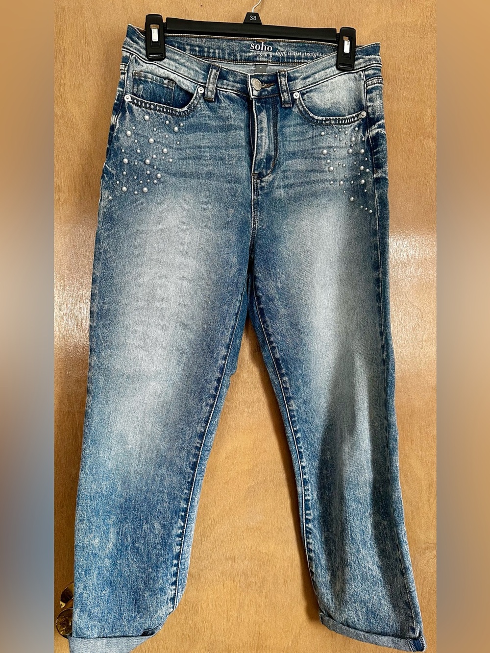 Soho Distressed Blue Skinny Jeans with Pearl Studs